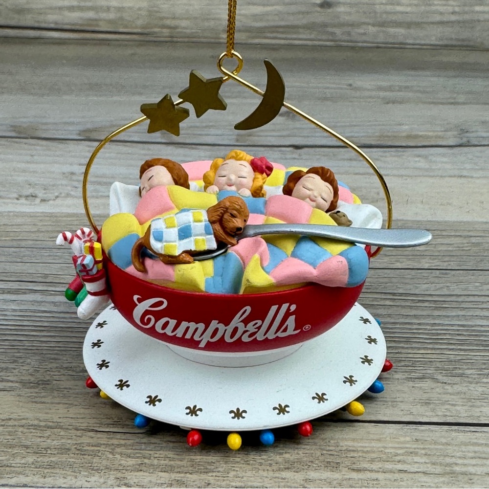 Campbell's Soup Christmas Ornament Holiday 1993 Kids Sleeping in Bowl